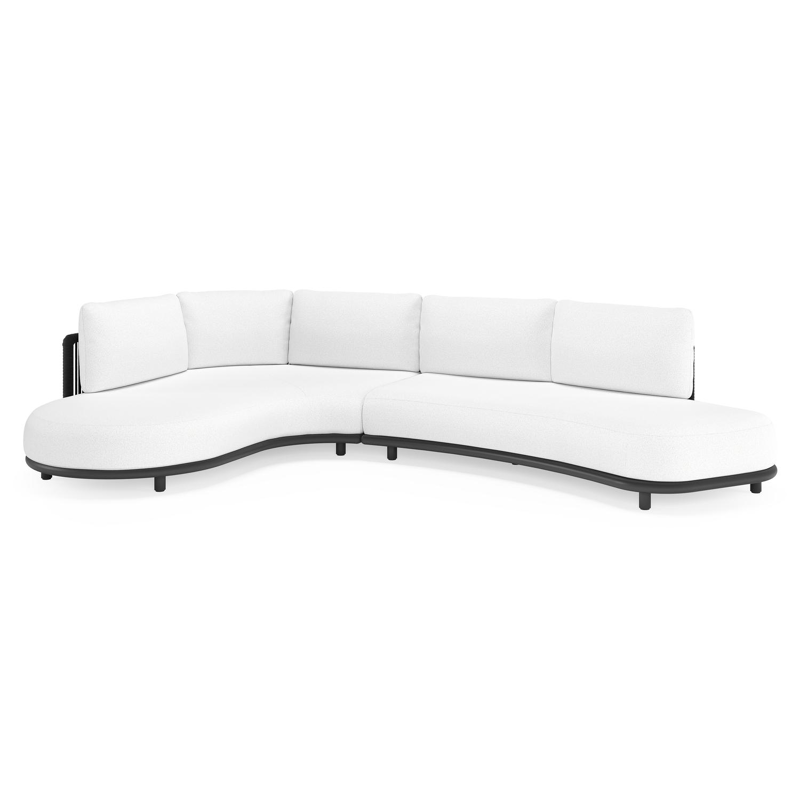 Salon de jardin d'angle Lomano en aluminium noir et corde luxe plate tissée verticalement noir et coussins en all weather solica ego birch