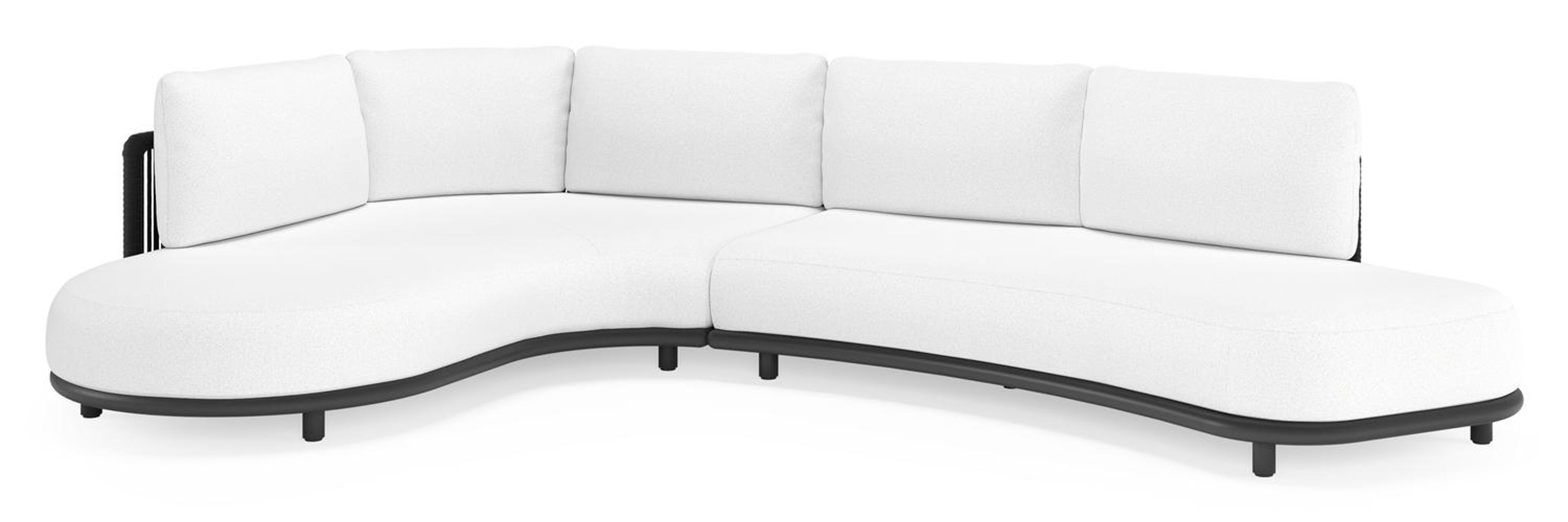 Lomano loungehoek in zwart aluminium en zwart verticaal geweven luxe vlakke rope met ego birch all weather solica kussen