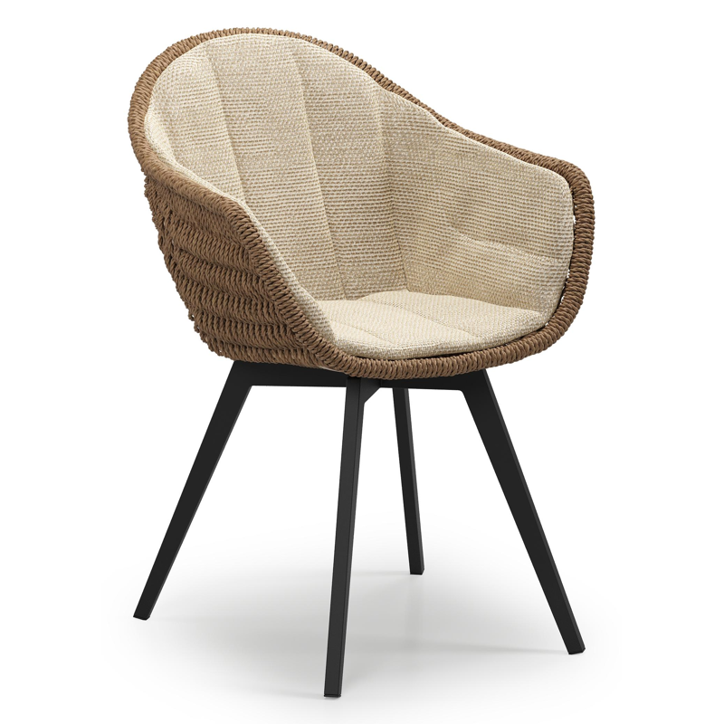 Chaise de jardin Pagino en aluminium noir et résine tressée ronde brun avec coussin en All Weather Cosytica Althea Camel