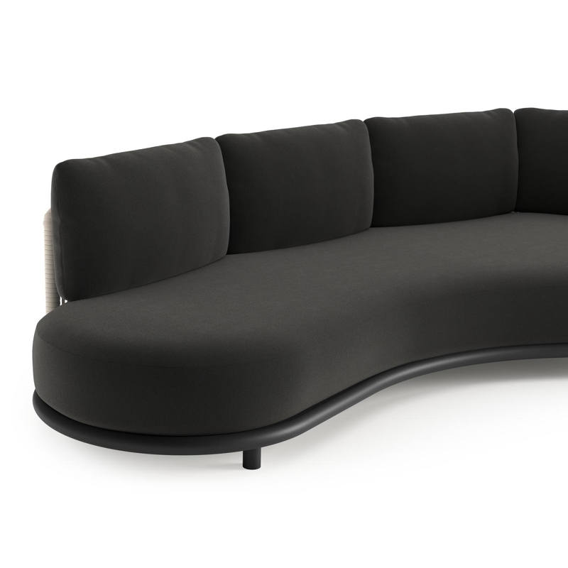 Lomano loungebank in zwart aluminium en beige verticaal geweven luxe vlakke rope met natte sooty all weather sunbrella® luxe kussen