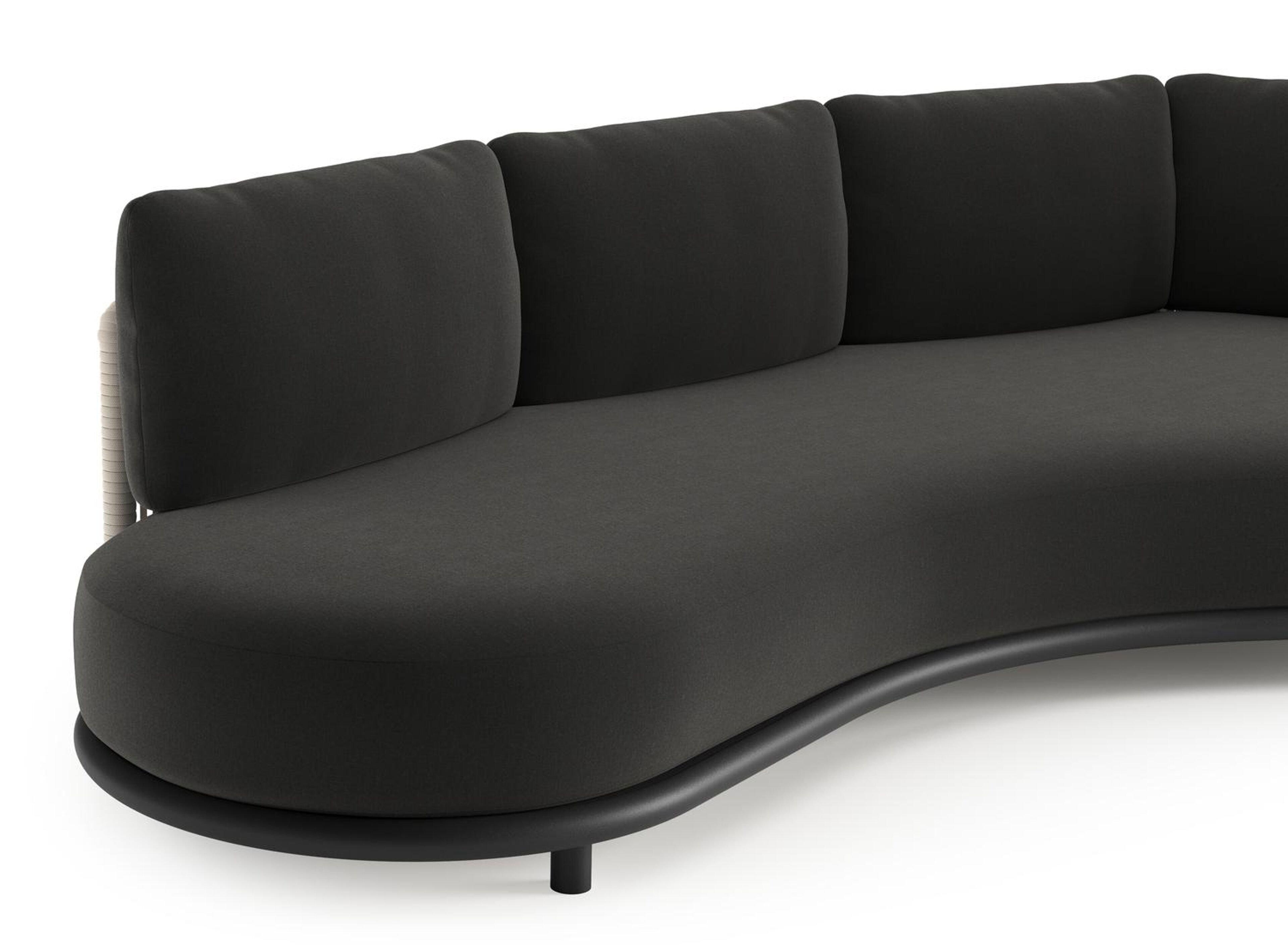 Lomano loungebank in zwart aluminium en beige verticaal geweven luxe vlakke rope met natte sooty all weather sunbrella® luxe kussen