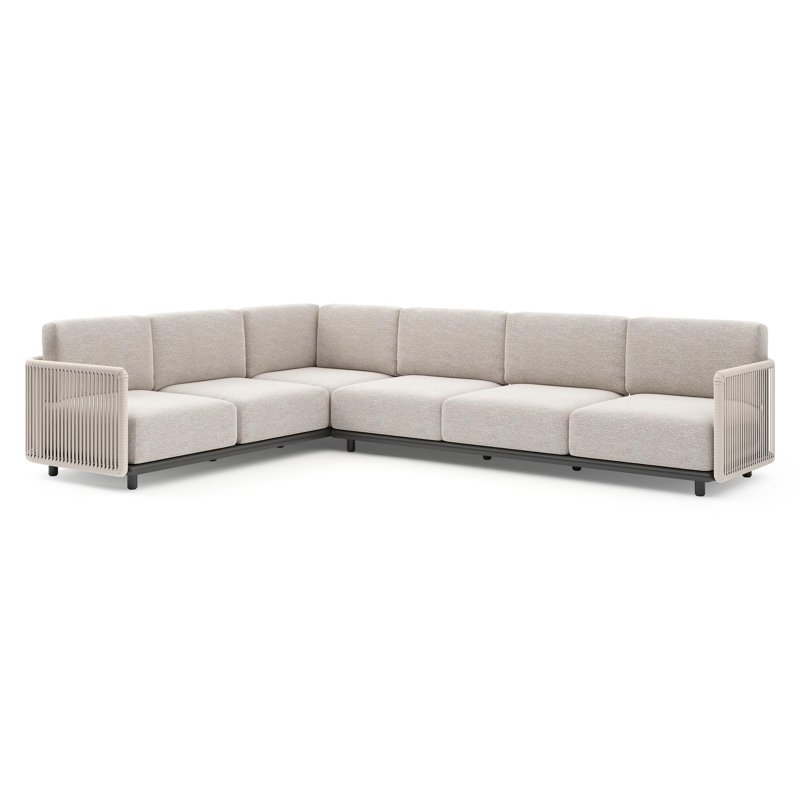 Organo loungehoek in zwart aluminium en beige verticaal geweven luxe vlakke rope met tundra sand all weather Sunbrella® luxe kussen