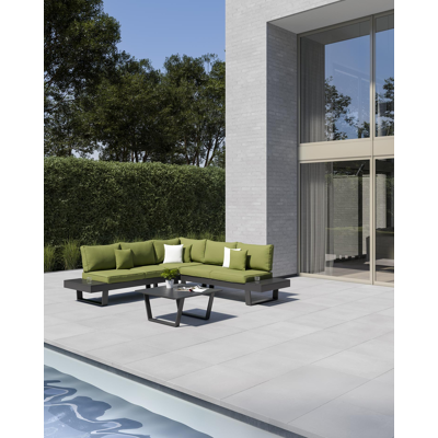 Alora loungehoek in zwart aluminium met groen polyester kussens en loungetafel