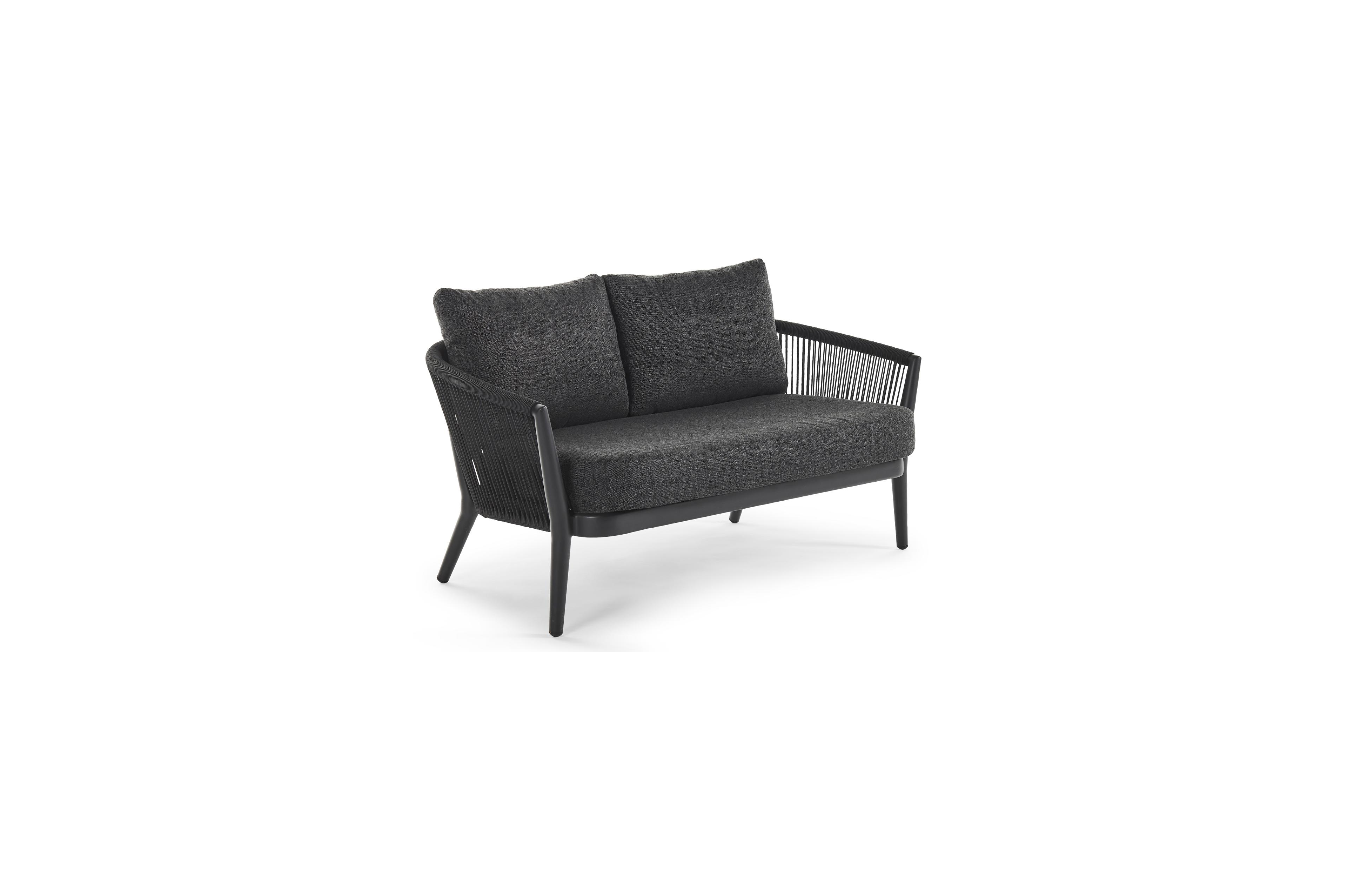 Orso loungebank 2-zit in zwart aluminium en zwart verticaal geweven ronde rope met chartres sooty all weather sunbrella® luxe kussen