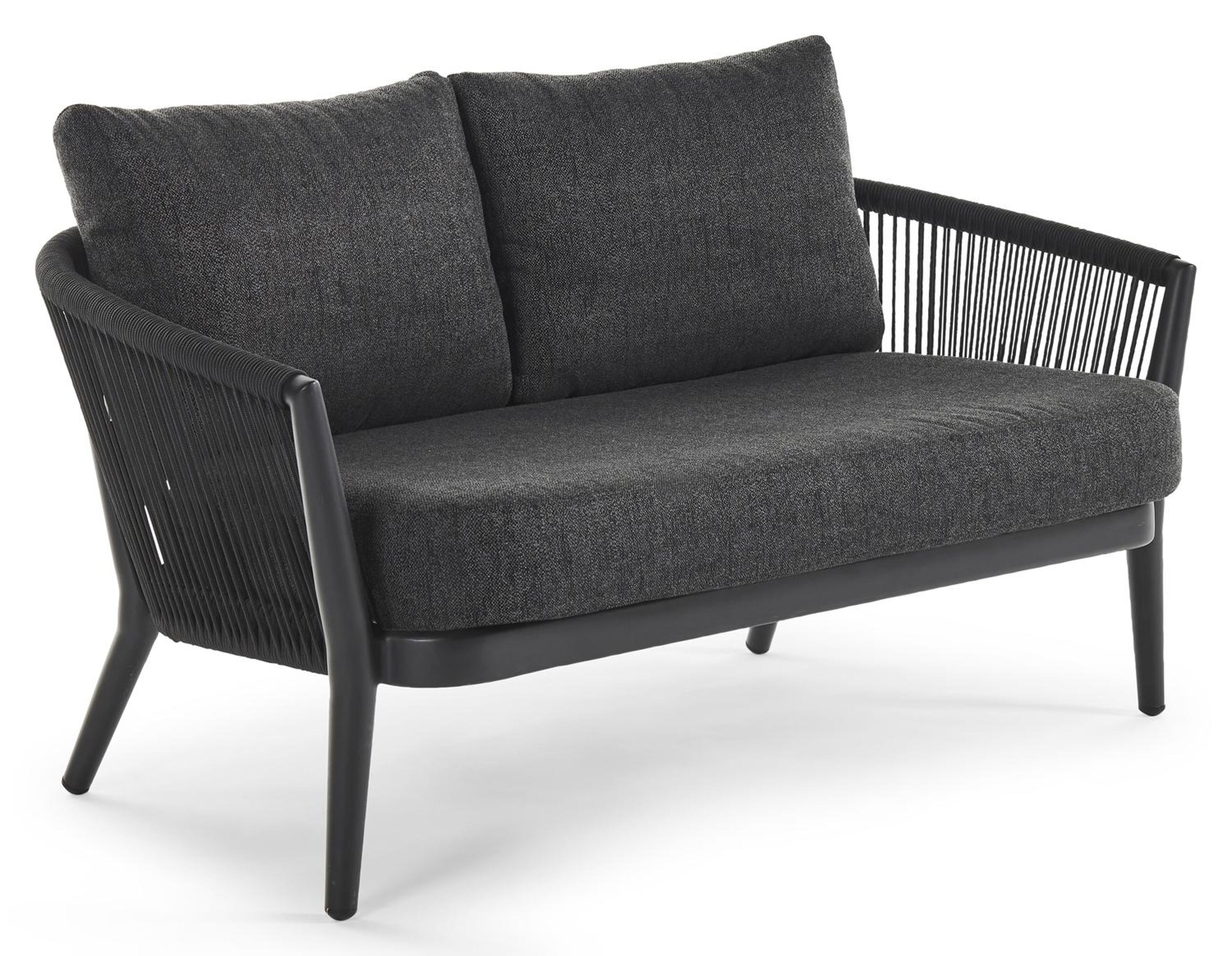 Orso loungebank 2-zit in zwart aluminium en zwart verticaal geweven ronde rope met chartres sooty all weather sunbrella® luxe kussen