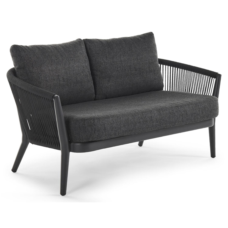 Orso loungebank 2-zit in zwart aluminium en zwart verticaal geweven ronde rope met chartres sooty all weather sunbrella® luxe kussen