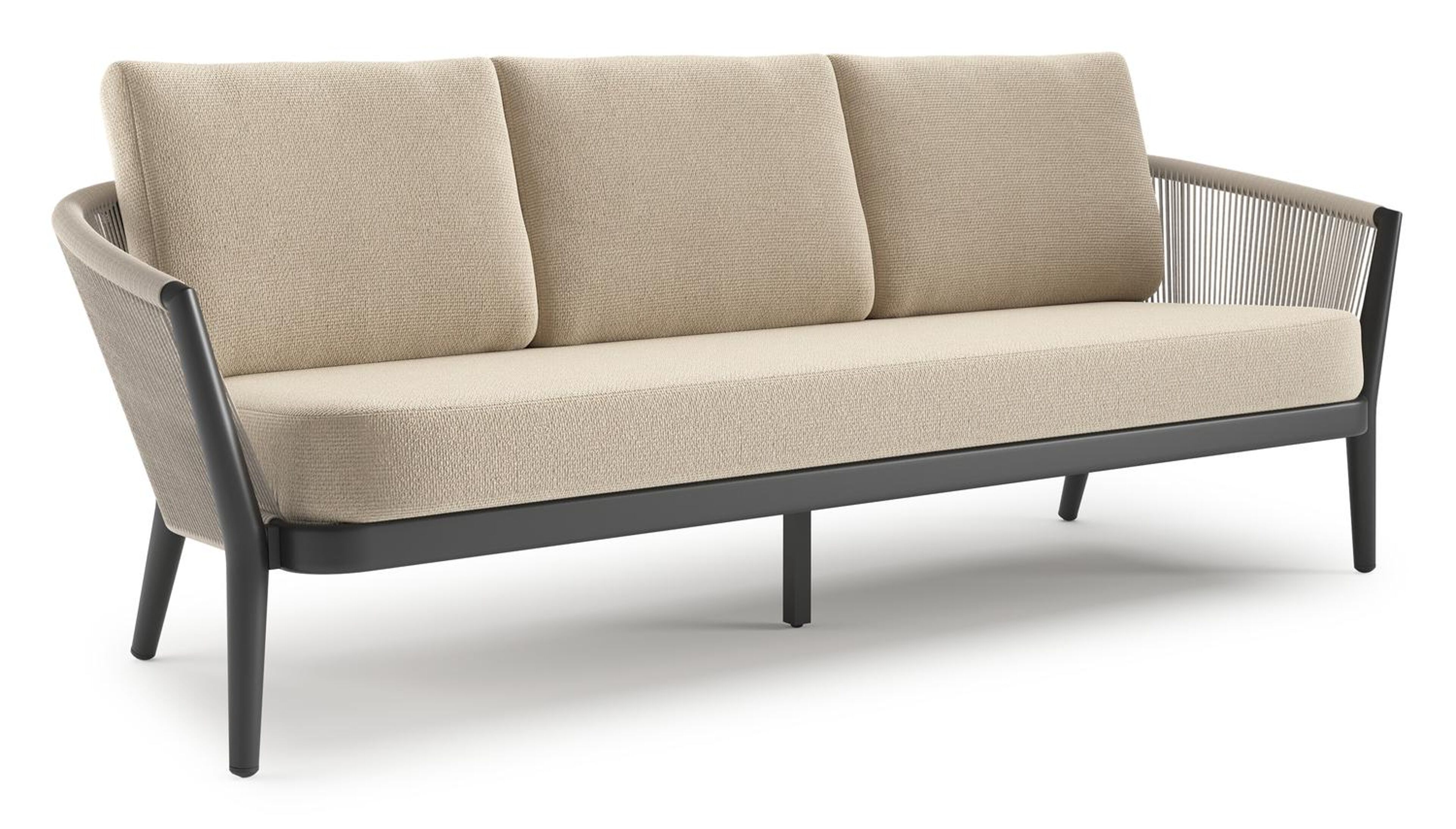 Canapé de jardin Orso en aluminium noir en corde ronde tissée verticalement beige et coussins en all weather cosytica Althea Chalk