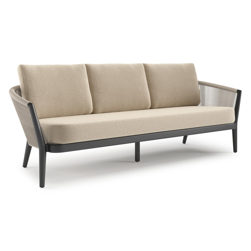 Orso loungebank in zwart aluminium en beige verticaal geweven ronde rope met Althea Chalk all weather cosytica kussen