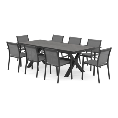 Ensemble de jardin Reza en aluminium noir avec plateau de table en céramique pleine gris et 8 chaises de jardin empilables Bareto