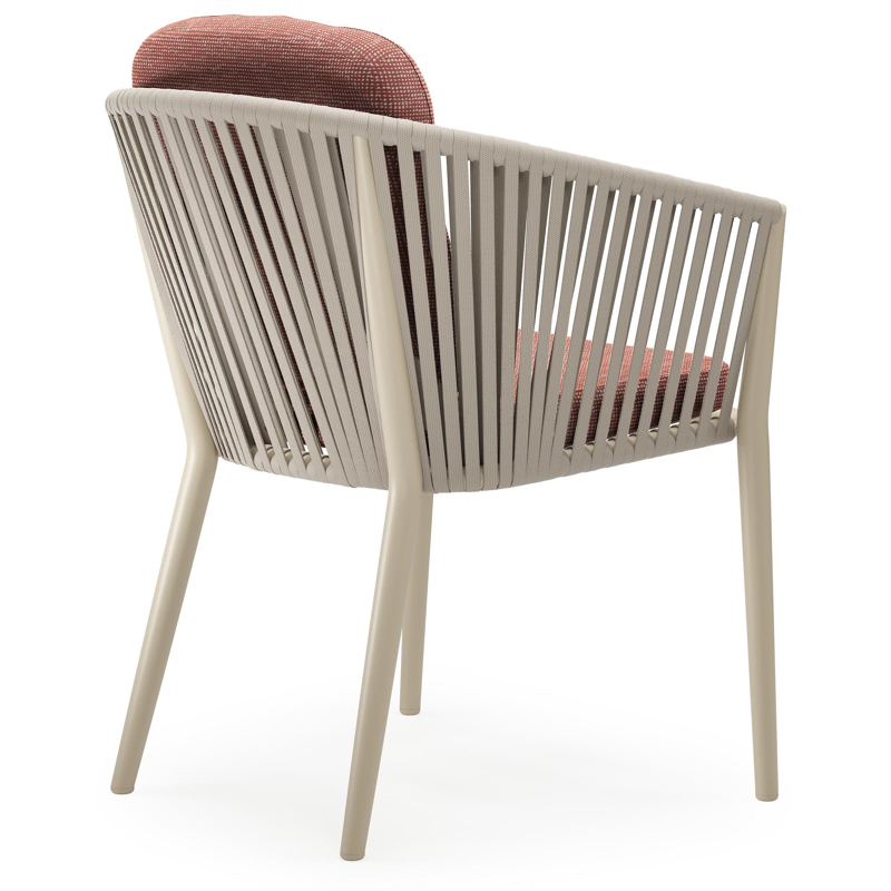 Chaise de jardin Orso en aluminium beige et corde plate tissée verticalement beige avec coussin luxe en All Weather Sunbrella® Luxe Slow Alezan