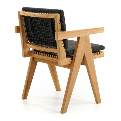 Trentino tuinstoel in teak en naturel ronde wicker met kussen in chartres sooty all weather sunbrella® luxe