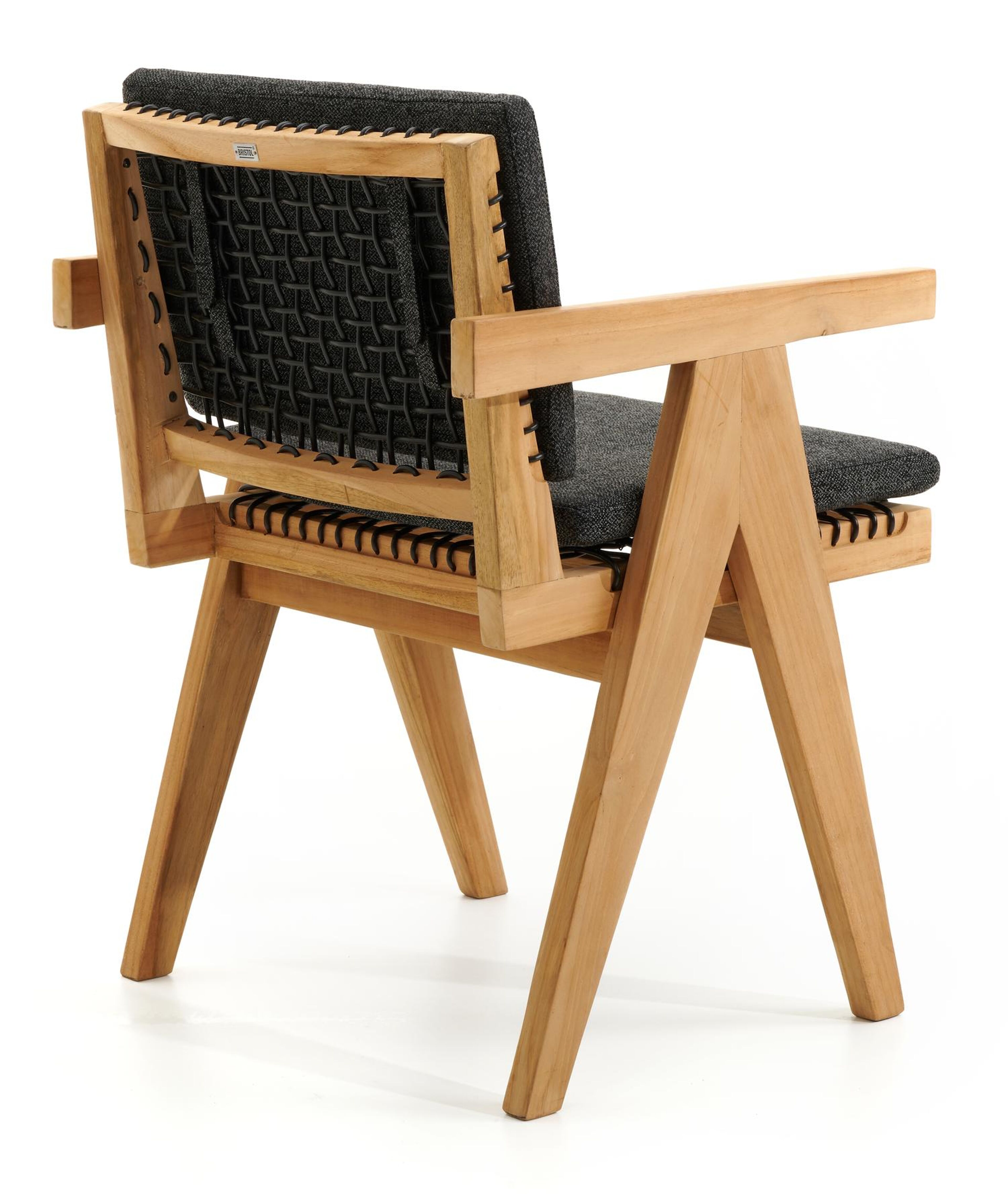 Chaise de jardin Trentino en teck et résine tressée ronde naturel avec coussin en chartres sooty all weather sunbrella® luxe