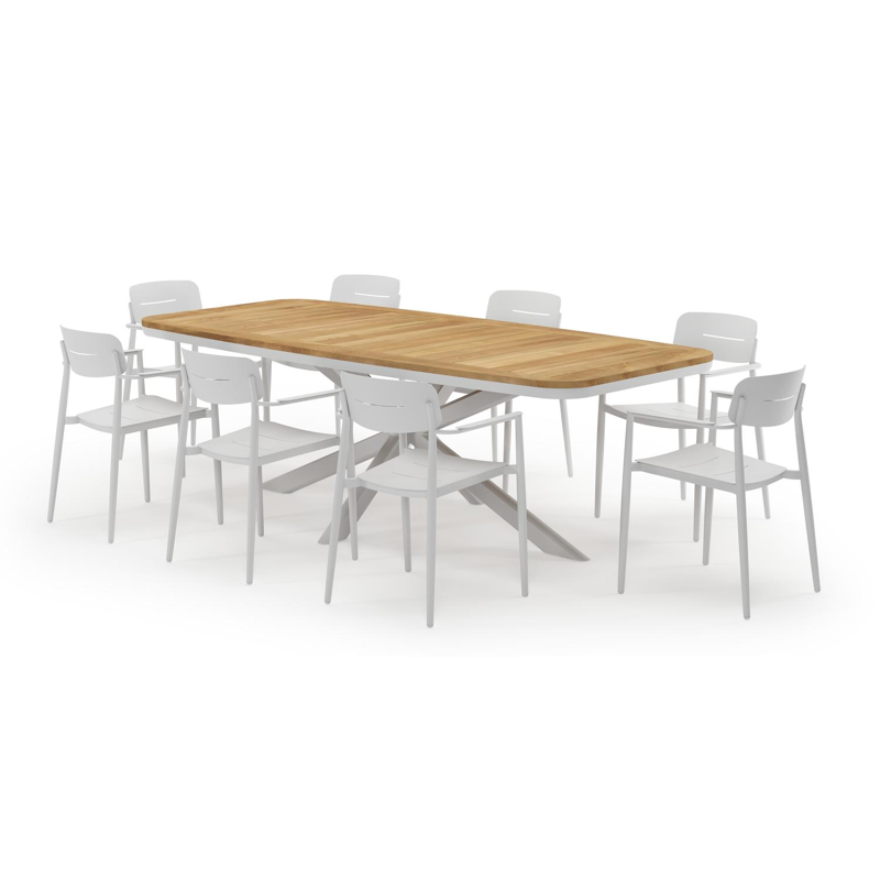 Pamplona bootvormige tuinset in wit aluminium en teak natural finish met 8 Cosa tuinstoelen