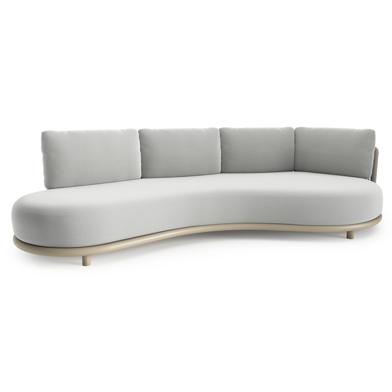 Canapé de jardin Lomano en aluminium beige et corde luxe plate tissée verticalement beige et coussins en all weather sunbrella® luxe natte grey chine