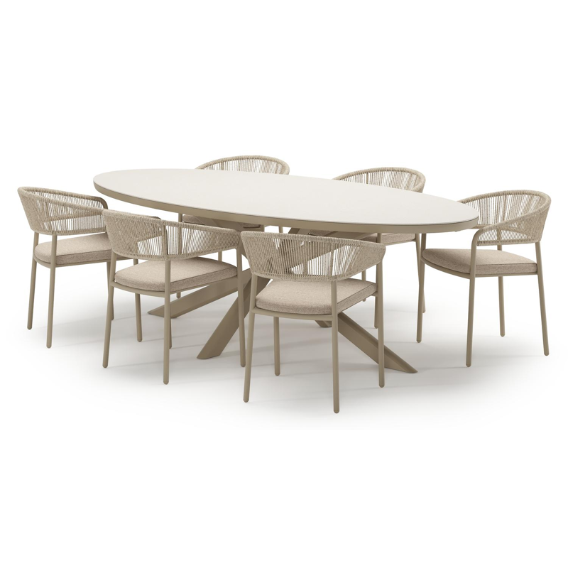 Ensemble de jardin Pamplona en aluminium beige et sintered stone crema minerale avec 6 chaises de jardin empilable Zamora