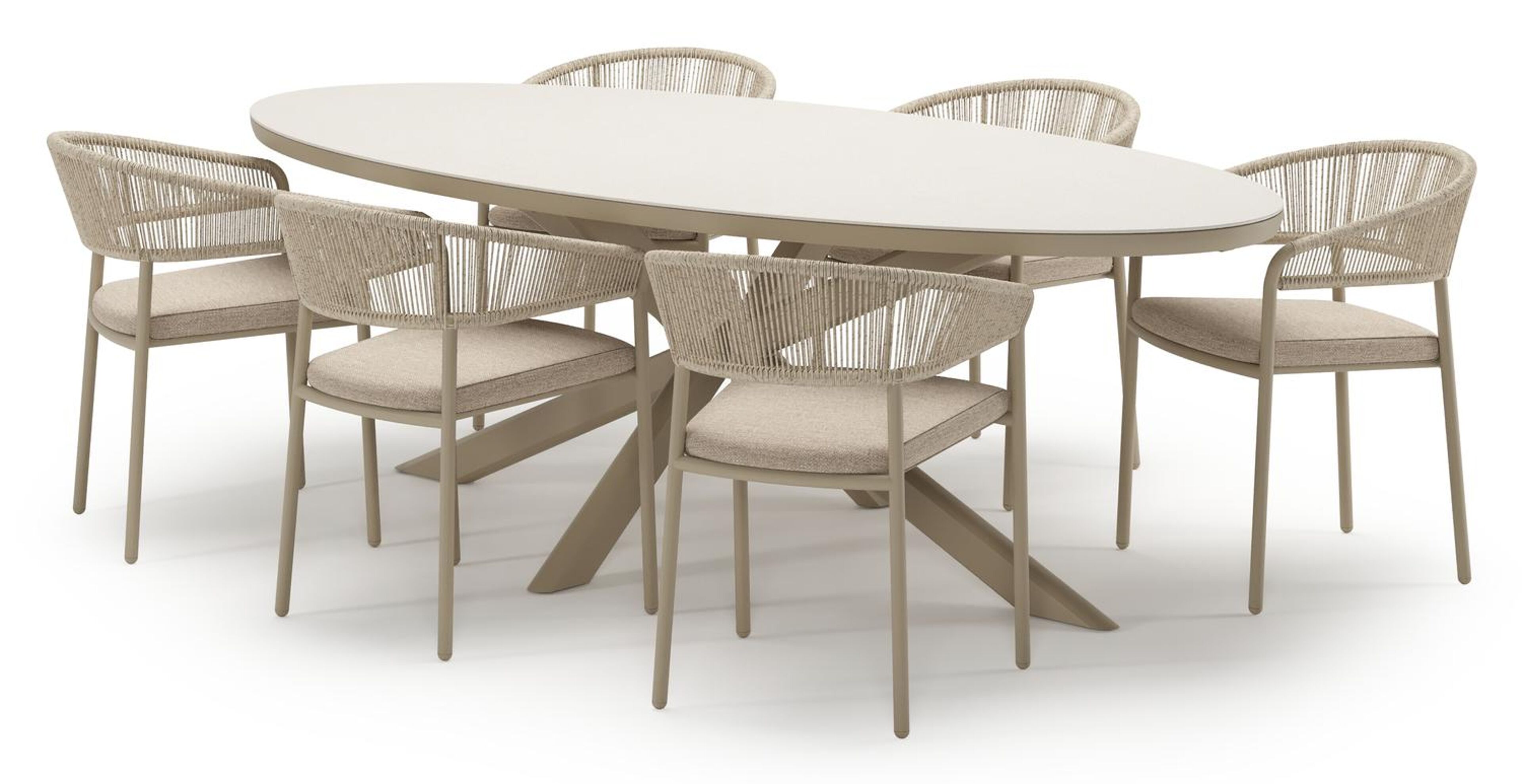 Ensemble de jardin Pamplona en aluminium beige et sintered stone crema minerale avec 6 chaises de jardin empilable Zamora