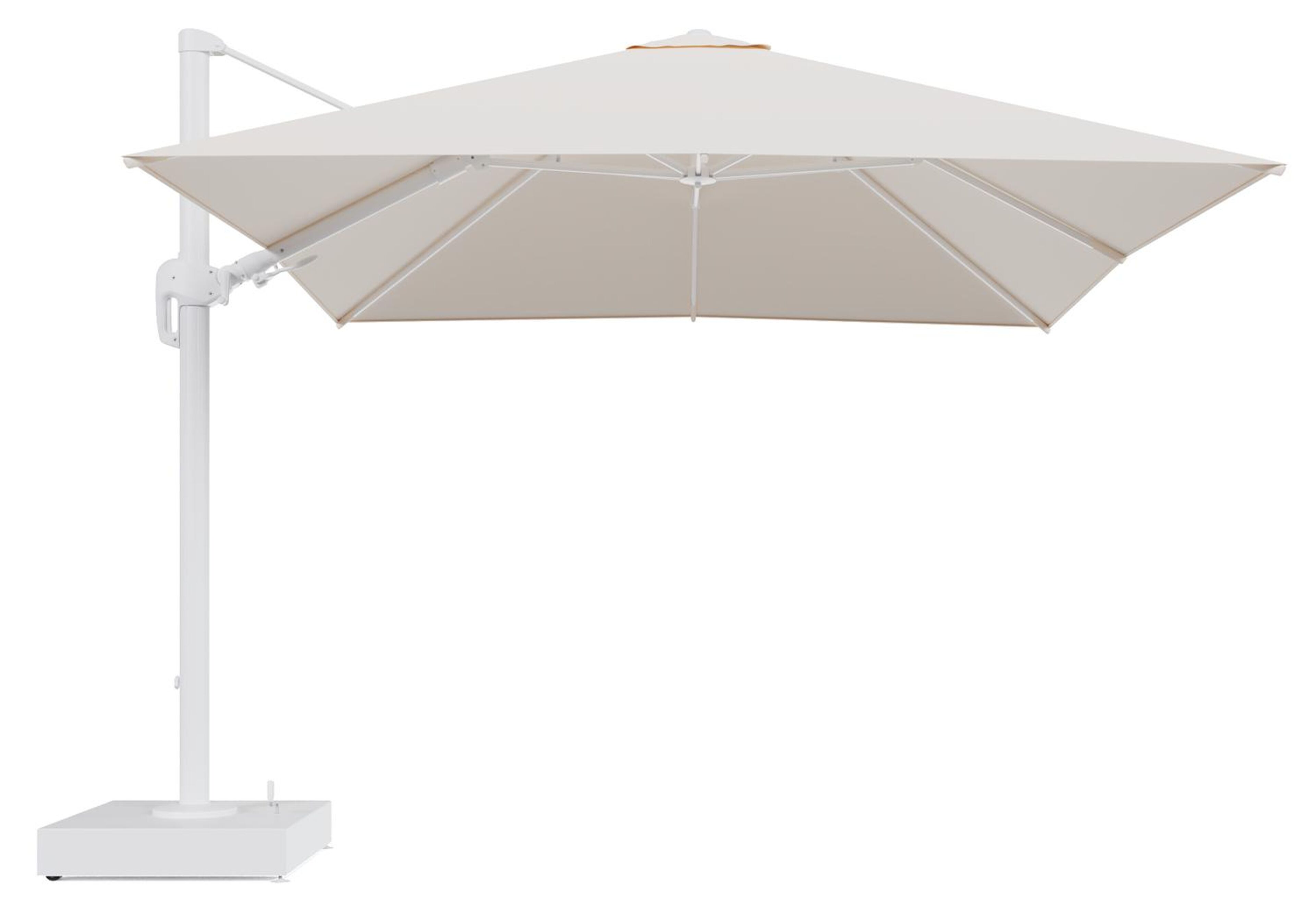 Rufina zweefparasol met tiltfunctie in wit aluminium en Natte Linen Chalk All Weather Sunbrella® Luxe parasoldoek - L1 300 x L2 300 cm met parasolvoet Minore 150 kg met wielen