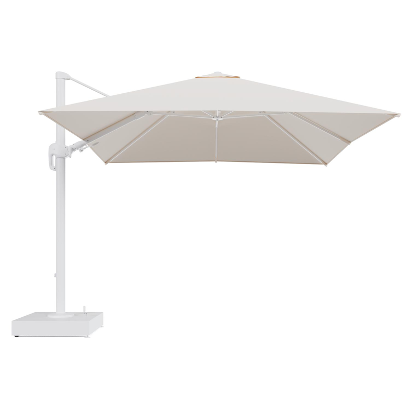 Rufina zweefparasol met tiltfunctie in wit aluminium en Natte Linen Chalk All Weather Sunbrella® Luxe parasoldoek - L1 300 x L2 300 cm met parasolvoet Minore 150 kg met wielen