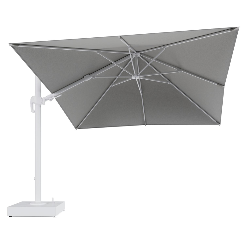 Rufina zweefparasol met tiltfunctie in wit aluminium en Savane Nimbus All Weather Sunbrella® Luxe parasoldoek - L1 300 x L2 300 cm met parasolvoet Minore 150 kg met wielen