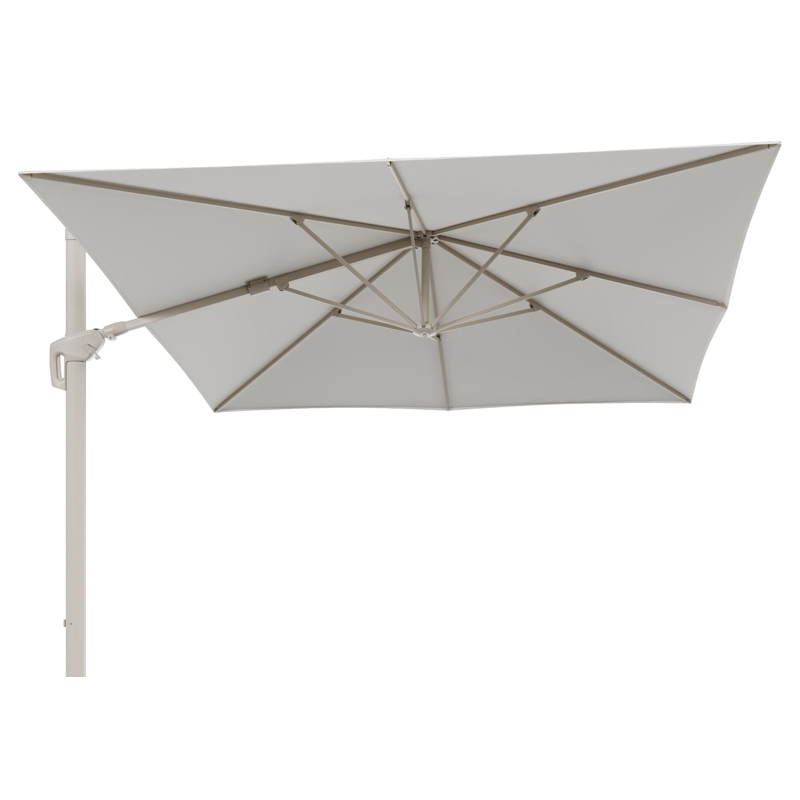Parasol pendant Minore avec fonction tilt en aluminium beige et toile de parasol All Weather Sunbrella® Luxe Natte White - Lg.1: 350 x Lg.2: 350 cm (sans pied de parasol