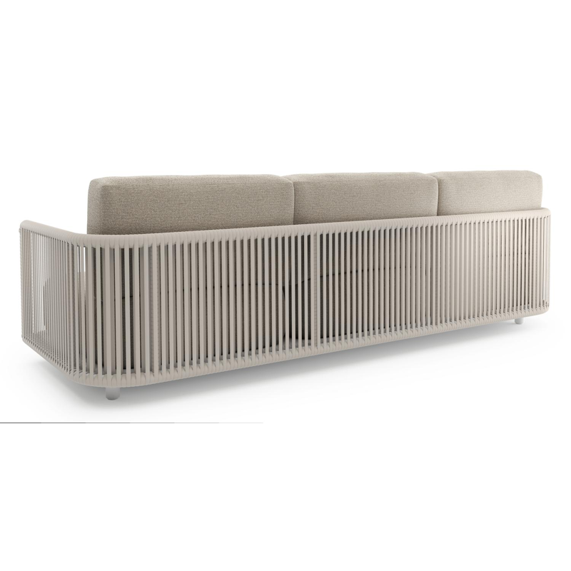 Salon de jardin Organo en aluminium blanc et corde luxe plate tissée verticalement beige et coussin en all weather Cosytica catania sand