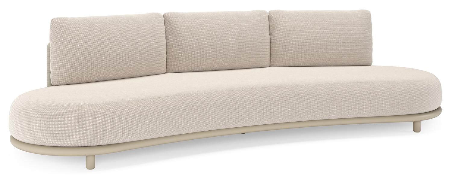 Lomano loungebank in beige aluminium en beige verticaal geweven luxe vlakke rope met Slow Farafra all weather sunbrellaÂ® luxe