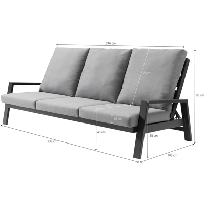 Canapé de jardin avec dossier réglable Veneto 3-pl en aluminium noir avec coussin en weather+ softtouch gris