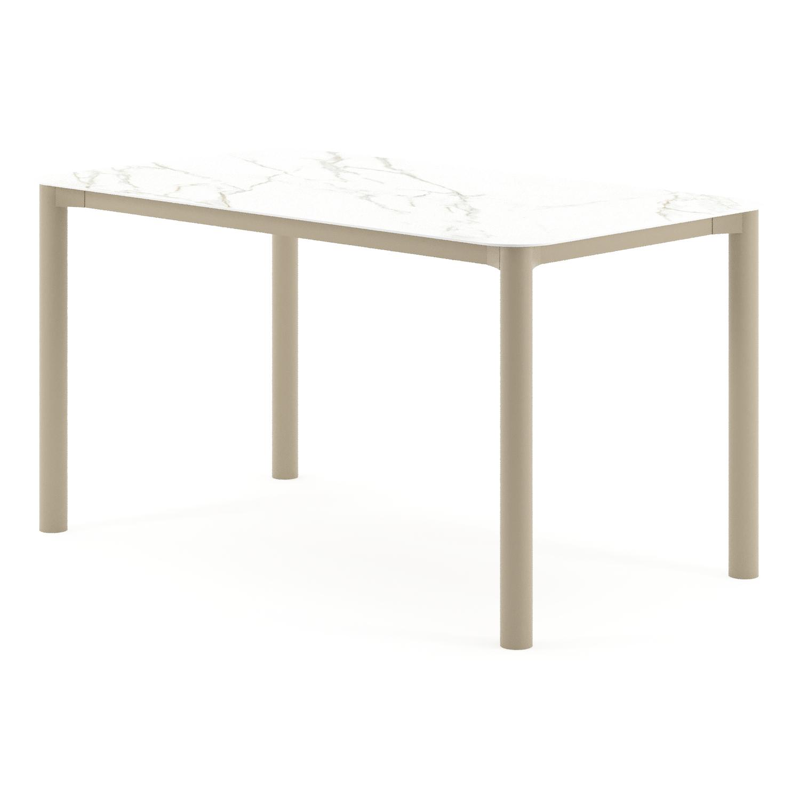Orso tuintafel rechthoekig afgerond in beige aluminium en volkeramiek Calacatta - L 140 x B 80 x H 75 cm