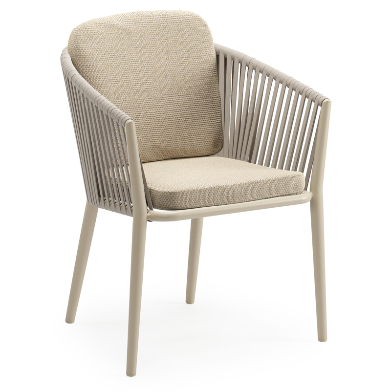 Chaise de jardin Orso en aluminium beige et corde plate tissée verticalement beige avec coussin luxe en All Weather Cosytica Althea Camel