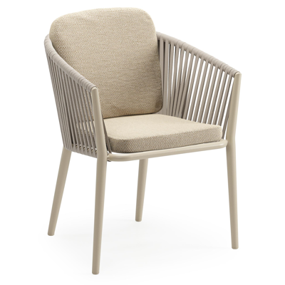 Chaise de jardin Orso en aluminium beige et corde plate tissée verticalement beige avec coussin luxe en All Weather Cosytica Althea Camel