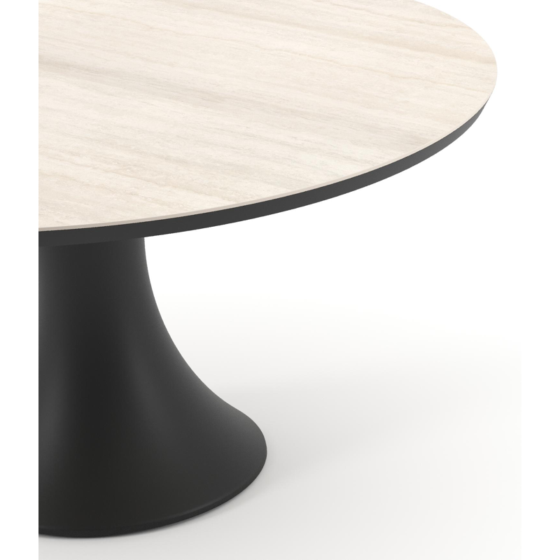 Table de jardin Fano ronde en aluminium noir et céramique pleine Travertino Bianco - Diam. 148 x Haut. 75 cm
