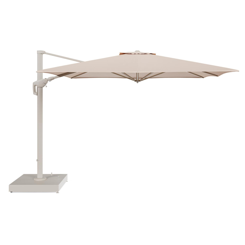 Minore zweefparasol met tiltfunctie in beige aluminium en Natte Linen Chalk All Weather Sunbrella® Luxe parasoldoek - L1 350 x L2 350 cm met parasolvoet Minore 260 kg met wielen