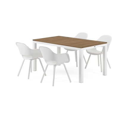 Ensemble de jardin Varese en aluminium blanc avec plateau de table en teck naturel et 4 chaises de jardin Artena