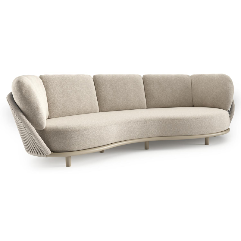 Lupino loungebank in beige aluminium en beige verticaal geweven luxe vlakke brede rope met marbella ecru all weather cosytica kussen