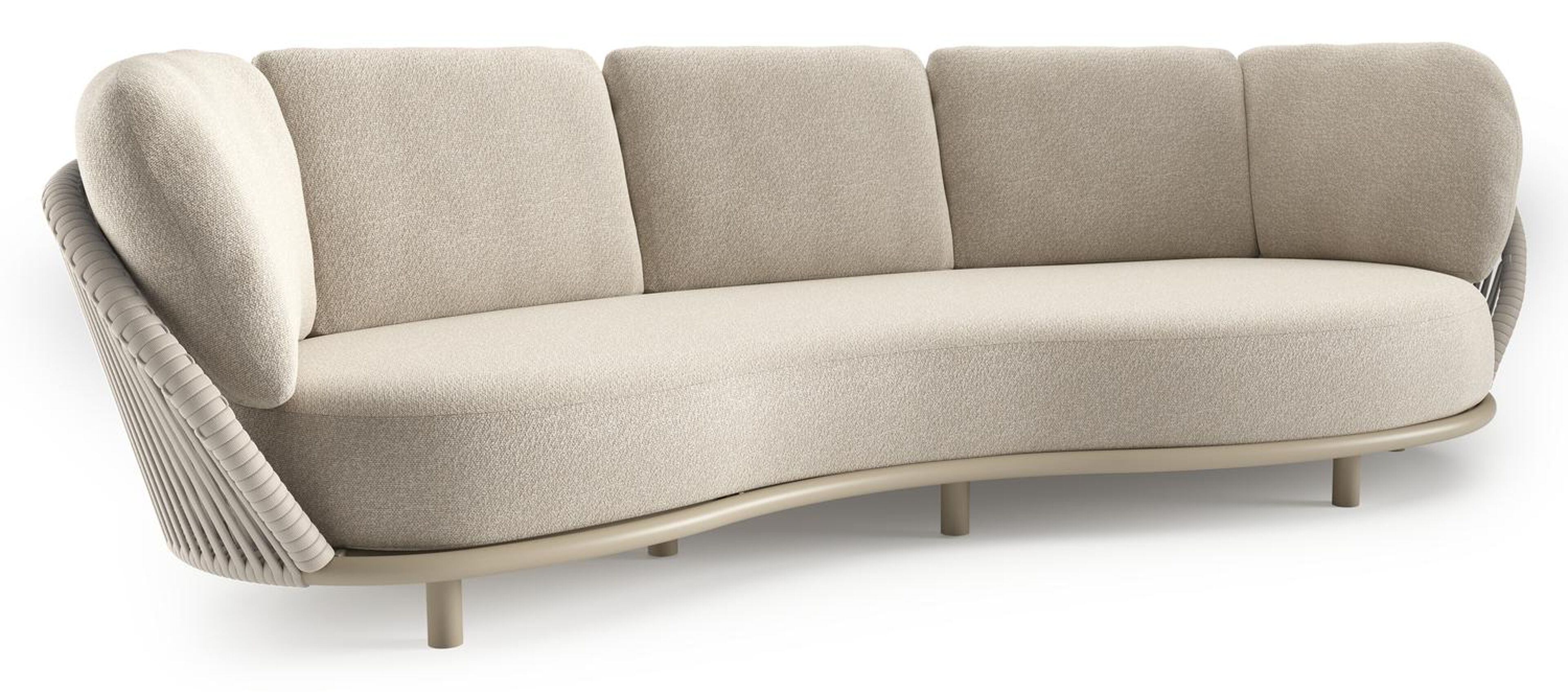 Lupino loungebank in beige aluminium en beige verticaal geweven luxe vlakke brede rope met marbella ecru all weather cosytica kussen