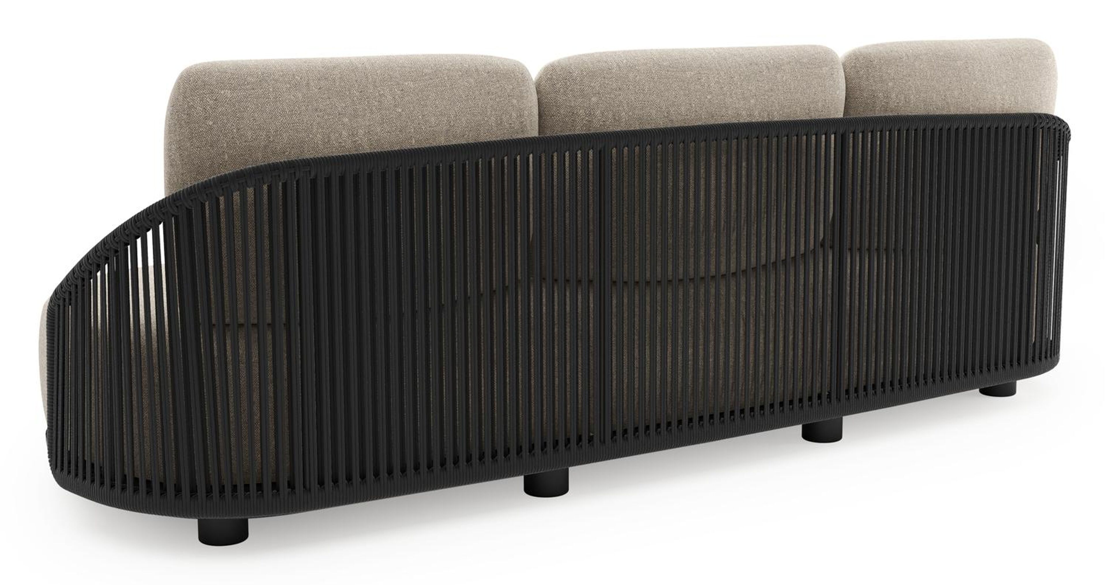 Salon de jardin Vadelo en aluminium noir et corde ronde tissée verticalement noir et coussins en all weather sunbrella® luxe chartres pewter