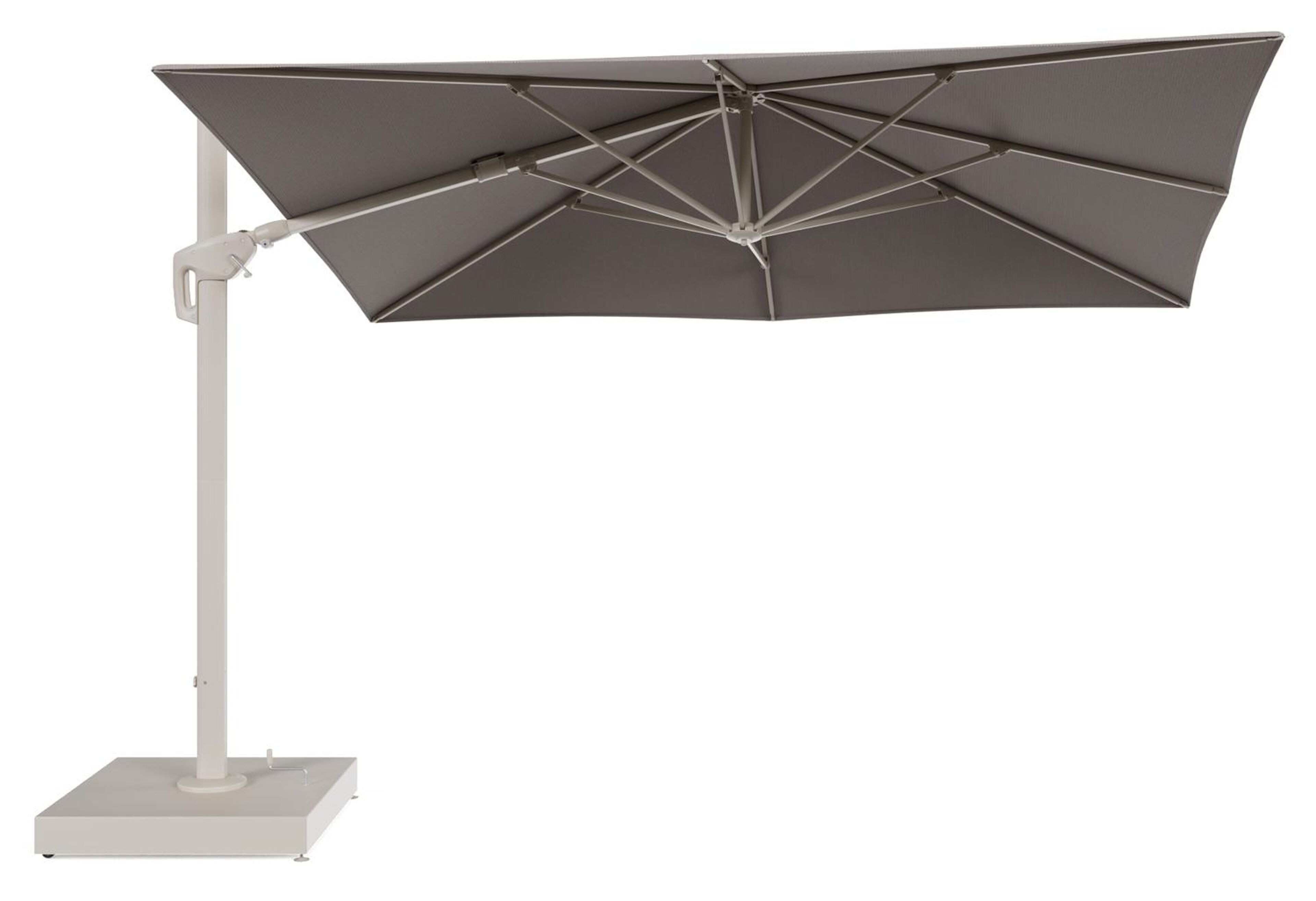 Minore zweefparasol met tiltfunctie in beige aluminium en Lopi Pepper All Weather Sunbrella® Luxe parasoldoek - L1 280 x L2 370 cm met parasolvoet Minore 260 kg met wielen