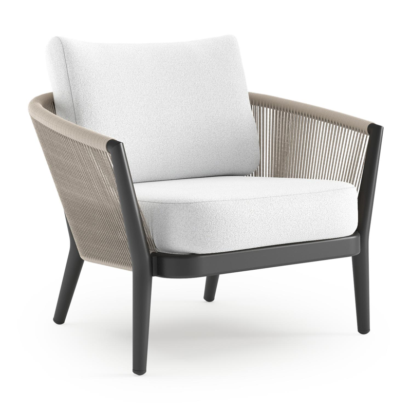 Orso loungestoel in zwart aluminium en beige verticaal geweven ronde rope met Ego Birch all weather solica kussen