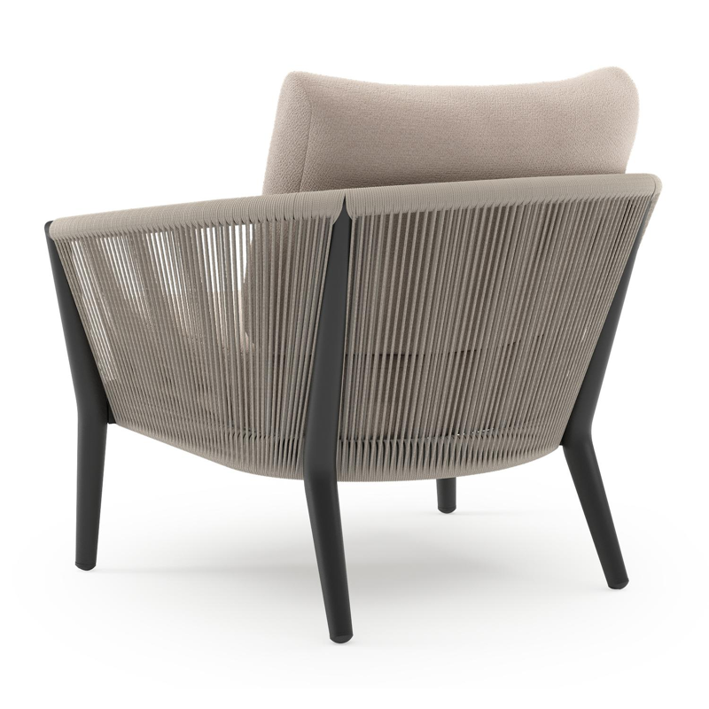 Orso loungestoel in zwart aluminium en beige verticaal geweven ronde rope met Wander Pilat all weather sunbrella® luxe kussen
