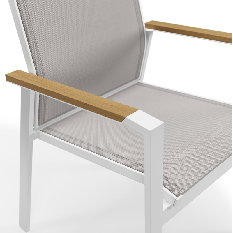 Bahia tuinstoel in wit aluminium en beige textilene en polywood armleuning