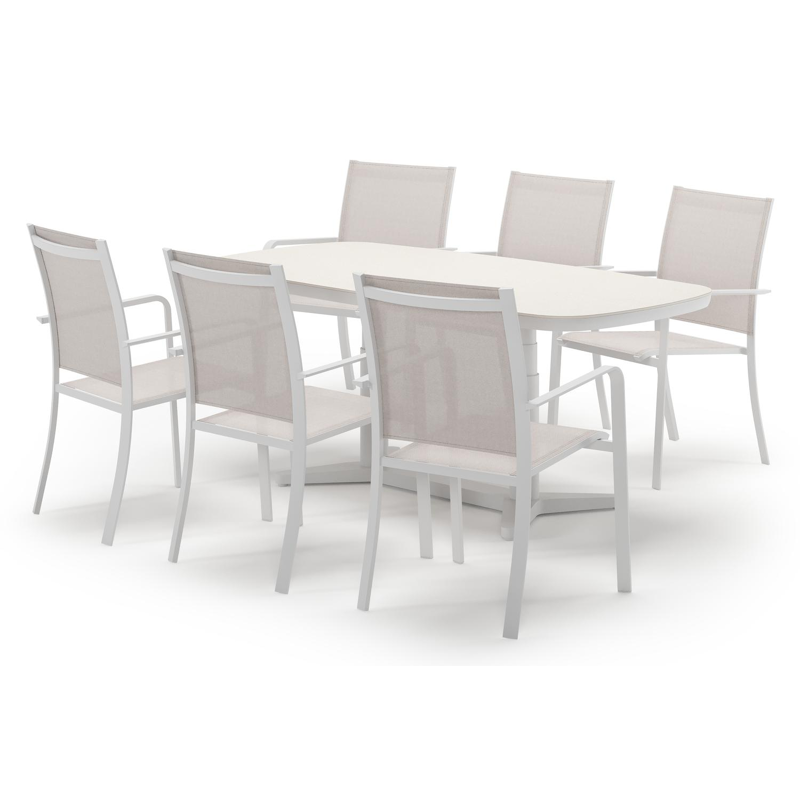 Tarsia tuinset bootvorm in wit aluminium en sintered stone Crema minerale met 6 Calobra tuinstoelen