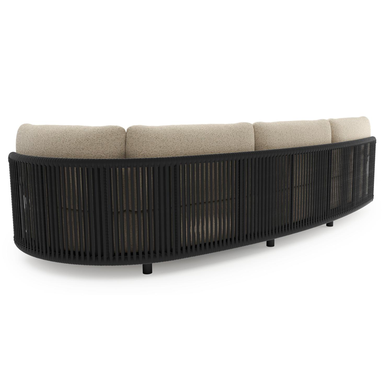 Lomano loungebank in zwart aluminium en zwart verticaal geweven luxe vlakke rope met bora forest all weather cosytica kussen