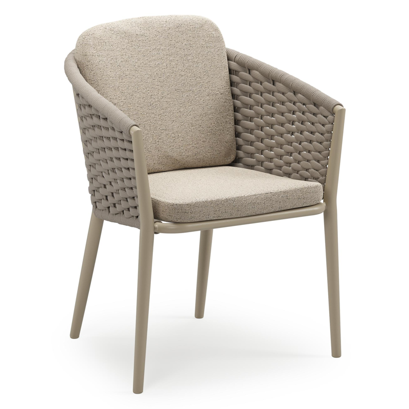 Chaise de jardin empilable Orso en aluminium beige et corde ronde tissée horizontalement beige avec coussin en All Weather Cosytica Marbella Beige
