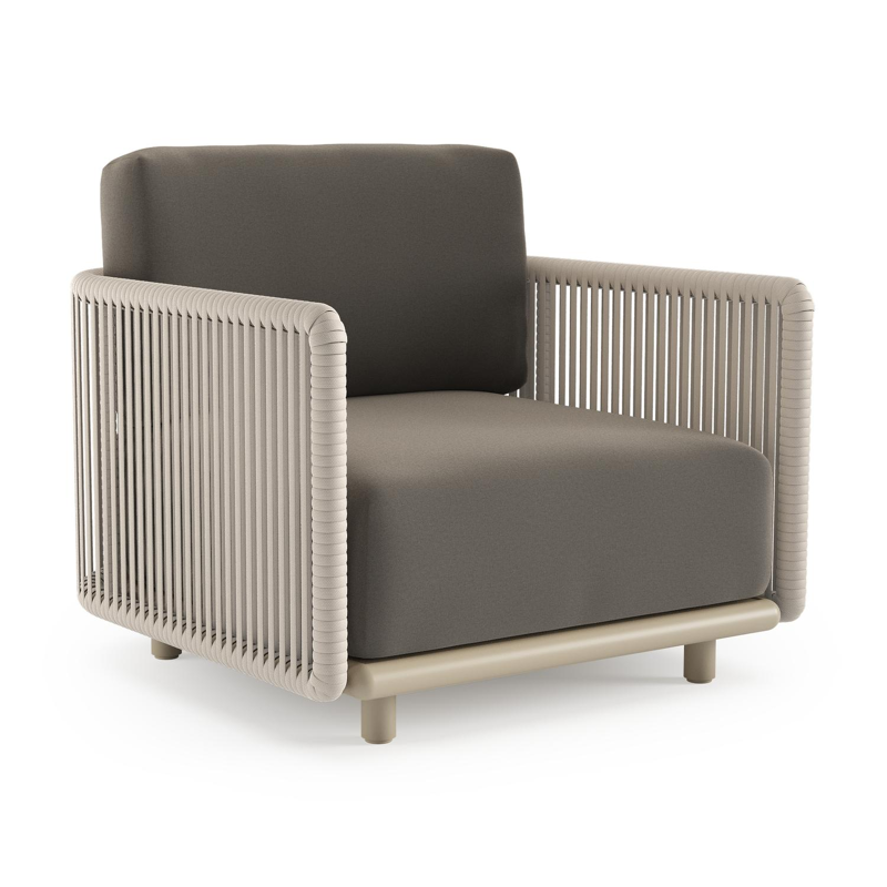Fauteuil de jardin Organo en aluminium beige et corde luxe plate tissée verticalement beige et coussin en all weather Sunbrella® luxe natte carbon beige