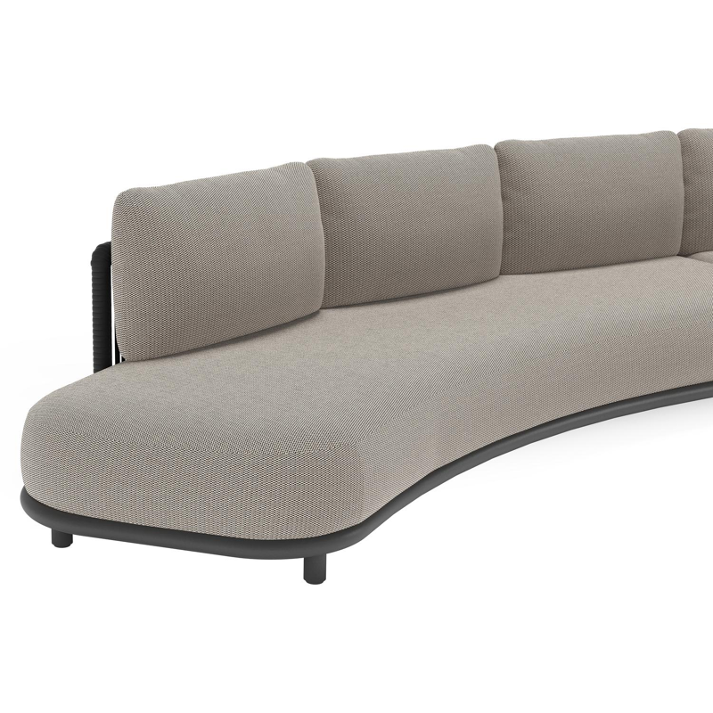 Lomano loungehoek in zwart aluminium en zwart verticaal geweven luxe vlakke rope met lopi pepper all weather sunbrella® luxe kussen