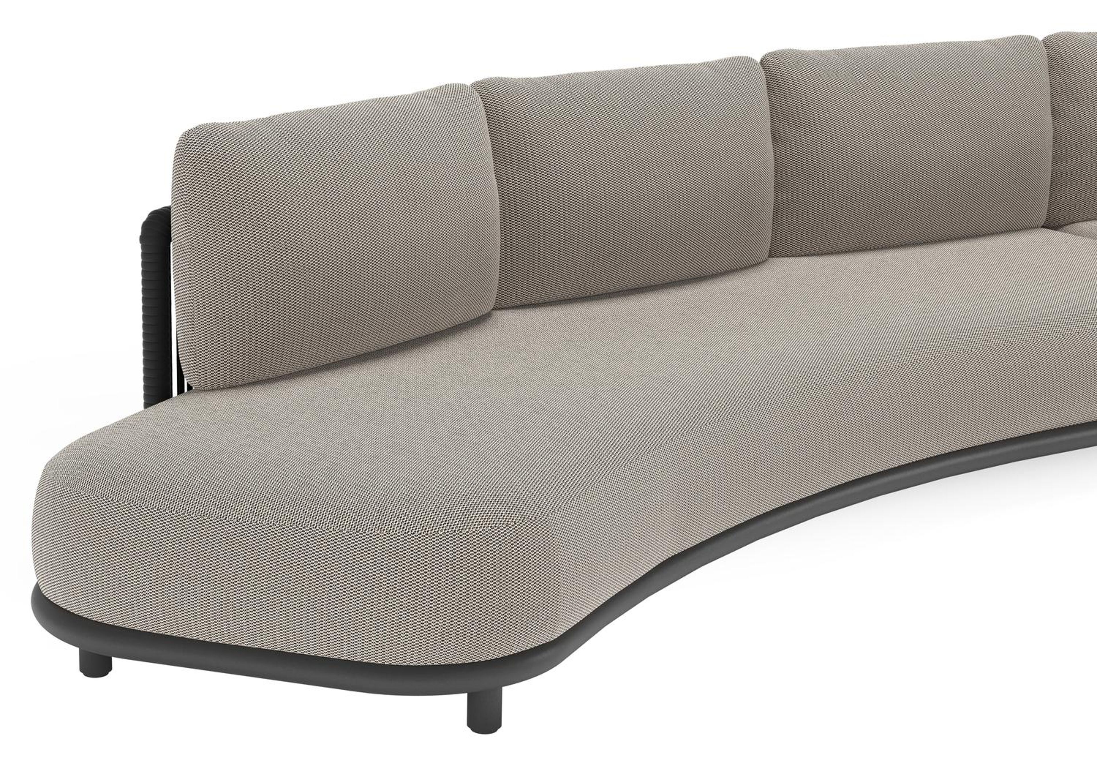 Lomano loungehoek in zwart aluminium en zwart verticaal geweven luxe vlakke rope met lopi pepper all weather sunbrella® luxe kussen