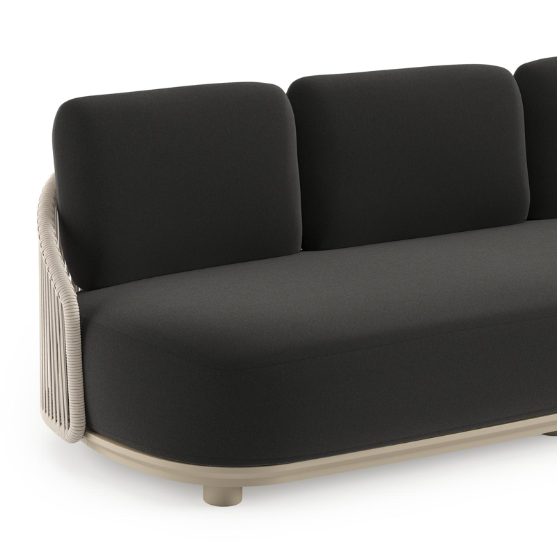 Vadelo loungebank in beige aluminium en beige verticaal geweven ronde rope met natte sooty all weather sunbrella® luxe kussen