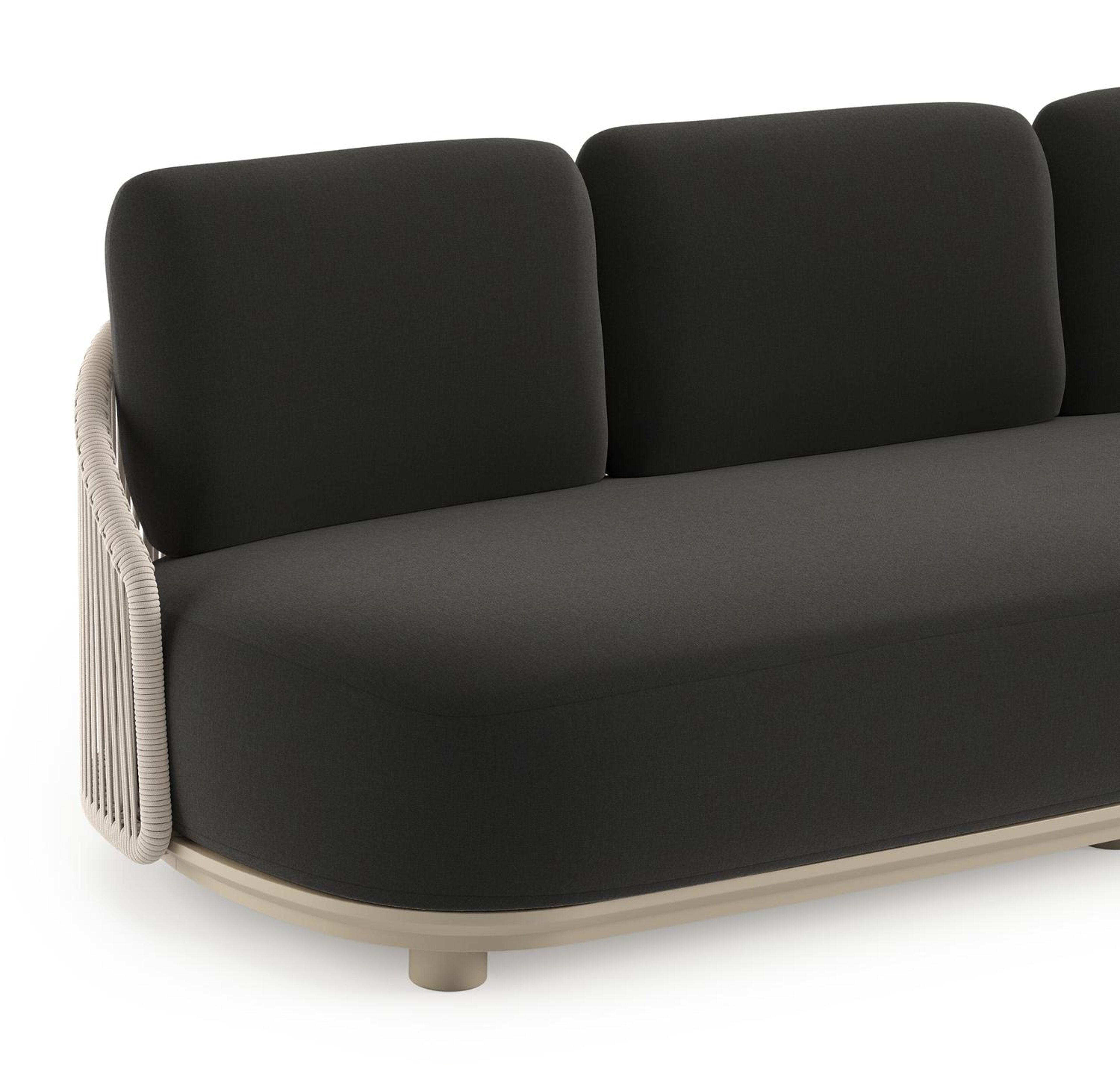 Vadelo loungebank in beige aluminium en beige verticaal geweven ronde rope met natte sooty all weather sunbrella® luxe kussen