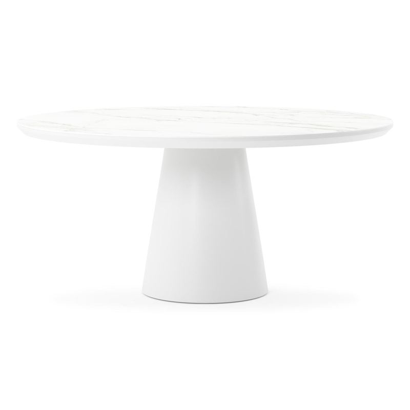 Table de jardin Donato en aluminium blanc et céramique pleine calacatta - Dia. 148 x H 75 cm