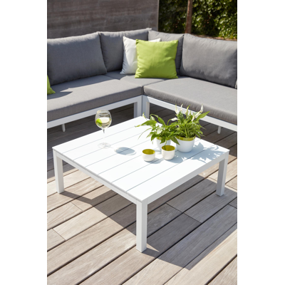 Salon de jardin d'angle Toma en aluminium blanc avec coussins en polyester gris et table basse